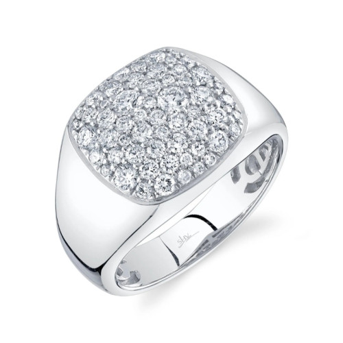 14K White Gold Round Diamond Pave Set Signet Ring