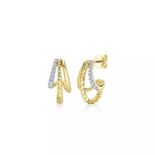 14K Yellow Gold Diamond Triple Loop Earrings Pave/Twist/Smooth (Pair)