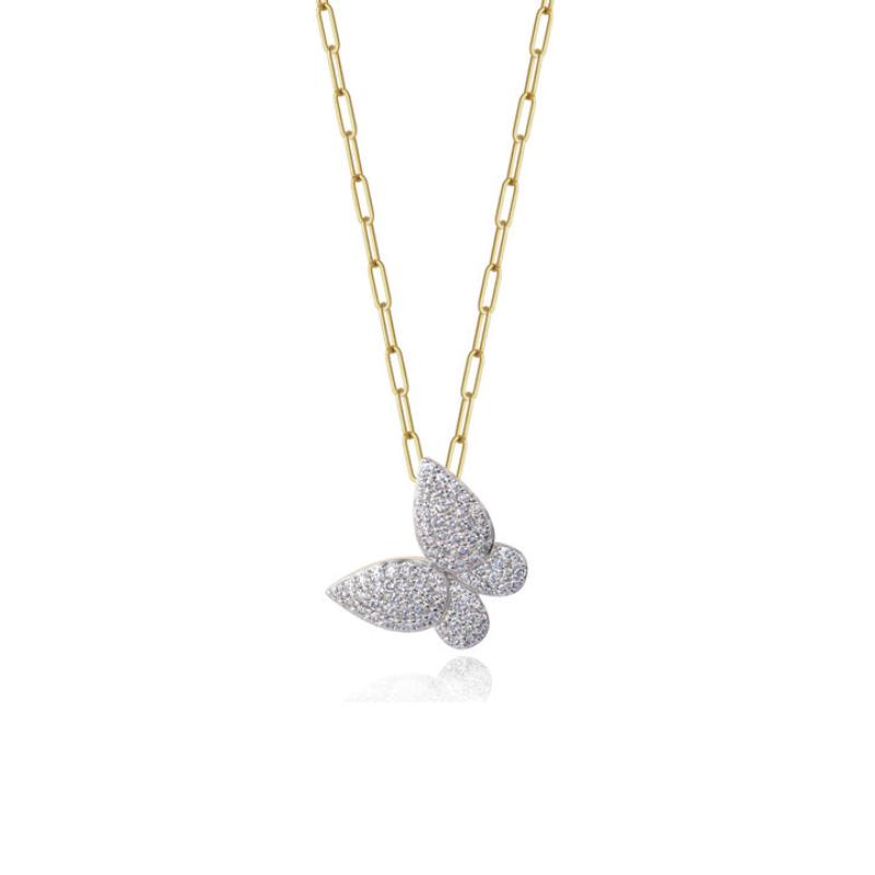 Phillips House 14Kt Yellow Gold Medium Diamond Pave Butterfly On 18" Paperclip Chain Pendant