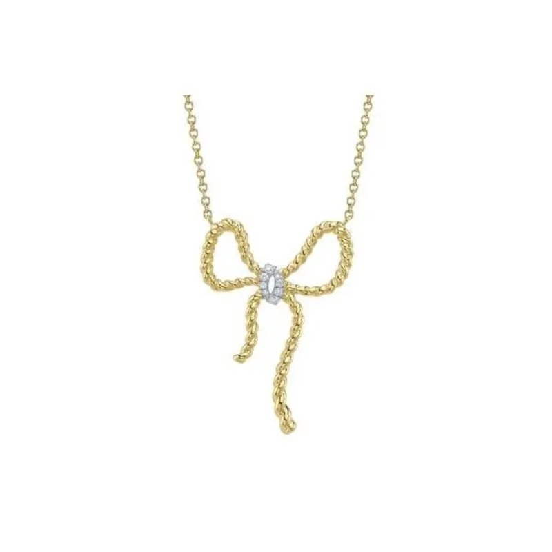 14K Yellow Gold Diamond Bow Pendant Necklace On Cable Chain